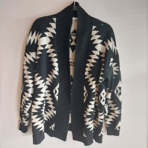 Roommates Black & White Aztec Print Open Front Shawl Collar Cardigan